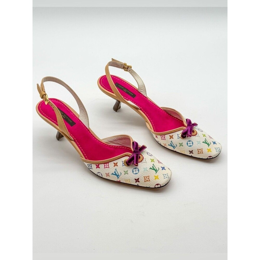 Louis Vuitton Takashi Murakami Vintage White Monogram Slingback Heels EU 38 US 8 - Picture 13 of 14